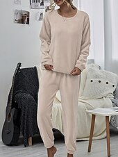 cheap Women&#039;s Sleepwear-Women&#039;s Pink Fleece Pajamas Nighty Pjs Sets 2 Pieces Pure Color Sport Simple Comfort Party Home Street Warm Gift Long Sleeve Hoodie Pant Elastic Waistband Winter Fall Home Outfits