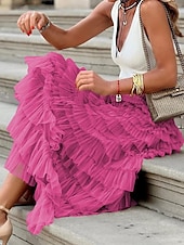 abordables Faldas de gasa-Mujer Falda Línea A Moda Casual Maxi Alta cintura Faldas Color sólido Volante Multi capa Calle Diario Blanco Fucsia Invierno Poliéster
