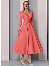 voordelige Vloerlengte-Strand Bruiloft A-Lijn Gouden Jurken Moeder van de Bruid Jurk Bruiloft Gast Elegante Vintage Plus Size V Hals Thee Lengte Satin 3/4 Lengte Mouw met Plissé dress to impress 2025 gratis op maat gemaakt