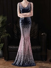 abordables Semi-formel / Cocktail-Robe de Prom Sirène  Trompette Sequin Robe de Soirée Ombre Cocktail Formelle Longue au Sol Sans Manches Col en V avec Perles Sequin