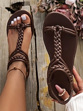 billiga Semester Sandaler-bruna flätade platta sandaler med t-rem för kvinnor med elastiskt ankelband - sommarskor i boho-stil för strand- och fritidskläder