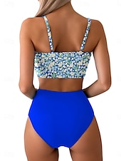 billiga Bikiniset-Dam Badkläder Bikini 2 st Kalsonger Baddräkt Öppen rygg Smal Hög midja Semester Standkläder Blommig V-hals Ärmlös Baddräkter