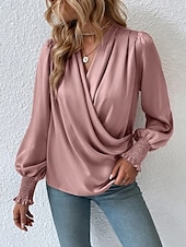 voordelige Elegante topjes-Dames Overhemd Blouse Effen Kleur Zakelijk Modern Casual Lange mouw V-hals Normale tops Werk Formele kleding Met ruches Zwart Blozend Roze Zomer Lente
