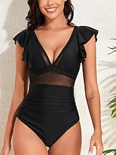 billiga One-piece-baddräkter-Dam Badkläder En bit Monokini Baddräkt Nät Öppen rygg Magkontroll Hög midja Smal Semester Standkläder Ensfärgat V-hals Ärmlös Baddräkter