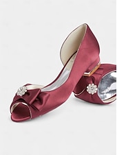 abordables Semi-formel-ballerines à bout ouvert en satin bordeaux pour femmes avec nœud et ornements en strass – chaussures de mariage élégantes pour les occasions nuptiales et formelles