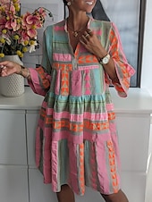 levne Neformální květinové šaty-Dámské Mini šaty Volnočasové šaty Swingové šaty Boho šaty Na běžné nošení Denní Běžný Geometrický 3/4 délka rukávu Do V Světlá růžová Léto Jaro Podzim