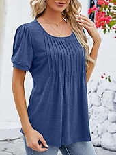 preiswerte Damen Einfache Oberteile-Damen Hemd Bluse Feste Farbe Basic Brautkleider schlicht Kurzarm Rundhalsausschnitt Normale Oberteile Täglich Rüschen Weiß Wein Marineblau Sommer Frühling