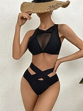 billige Bikinisett-Dame Badetøy Bikini 2 stk Frekk Badedrakt Åpen rygg Tynn Ferie Strand Klær Helfarge U-hals Ermeløs Badedrakter