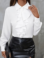 preiswerte Elegante Oberteile-Damen Hemd Bluse Feste Farbe Geschäftlich Modern Brautkleider schlicht Langarm Hemdkragen Normale Oberteile Arbeit Abendgarderobe Rüsche Knopf Schwarz Weiß Sommer Frühling