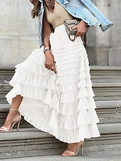 abordables Faldas de gasa-Mujer Falda Línea A Moda Casual Maxi Alta cintura Faldas Color sólido Volante Multi capa Calle Diario Blanco Fucsia Invierno Poliéster