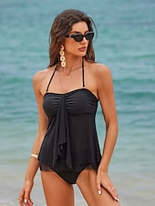 halpa Tankini-uimapuvut-Naisten Normaali Uima-asut Tankini 2 kpl Uimapuku 2-osainen Vaatimattomat uimapuvut Bandeau Olkaimeton Loma Ranta-asut Yhtenäinen väri Olkaimellinen Hihaton Uimapuvut