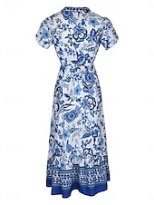 preiswerte Ausgefallene Kleider-Damen Maxidress Casual kleid Schaukelkleid A Linie Kleid Boho-Kleid Brautkleider schlicht Täglich Regular Fit Blumen Halbe Ärmel V Ausschnitt Blau Sommer Frühling