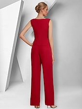 cheap Mom&#039;s Pant Suits-Pantsuit 3 Piece Mother of the Bride  Elegant V Neck Floor Length Stretch Fabric Long Sleeve Wrap Included with Solid Color 2025