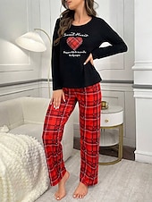billige Nattøy for damer-Dame Pyjamas Sett Fritid Komfort Comfrt Hjerte T skjorte Bukse Hjem Langermet Crew-hals Rød Vår Høst Vinter
