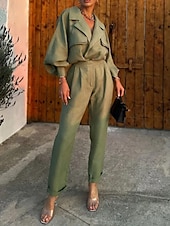 preiswerte Blusenanzüge für Damen-Damen Modisch Strassenmode Täglich Hemd Hose mit weitem Bein Langarm Hemdkragen Glatt Formal B¨¹ro Grün Herbst Regular Fit
