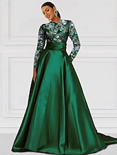 preiswerte GRÜN-A-Linie Abendkleid elegantes Kleid formelle Hochzeit bodenlang langarm Rundhals Champagner Mutter der Braut Kleid Satin mit Schlitz Stickerei Applikationen 2025
