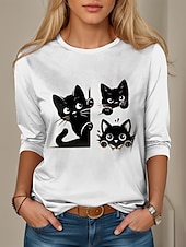 preiswerte Tiere T-Shirt-Damen T Shirt Katze Brautkleider schlicht Langarm Rundhalsausschnitt Normale Oberteile Täglich Wochenende Bedruckt Weiß Herbst Winter