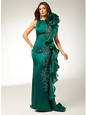 preiswerte GRÜN-Meerjungfrau/Trompete Abendkleid elegantes Kleid Verlobung Sweep/Pinselschleppe ärmellos bodenlang Rundhals Herbst Hochzeitsgast Stretch Satin mit Applikationen 2025