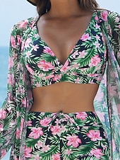abordables Ensemble de bikinis-Femme Maillots de Bain Trois pièces Shorts Maillot de bain Patchwork Elégant Vacances Floral Graphic manche longue Maillots de bain