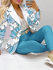 billiga Tvådelade set-Dam Streetwear Dagligen Kavaj Kinesiska Långärmad Tröjkrage Grafisk Lappverk Ledigt Blå Vår &amp; Höst Normal