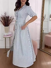 voordelige Blousejurken-dames gestreepte overhemdkraag maxi-jurk 3/4 mouw zomer lente