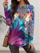 cheap Art&amp;Design tee-Women&#039;s T Shirt Tie Dye Casual Long Sleeve Crew Neck Long Tops Daily Print Blue Fall Winter