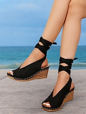 cheap Vacation Sandals-Women&#039;s Khaki Faux Suede Wedge Sandals with Peep-Toe and Wraparound Ankle Straps - Comfortable Summer Shoes for Casual and Beach Wear