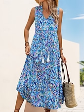cheap Elegant Floral Dresses-Women&#039;s Midi Dress Casual Dress Swing Dress A Line Dress Tank Dress Casual Daily Regular Fit Floral Sleeveless V Neck Blue Fuchsia Green Summer Spring Fall
