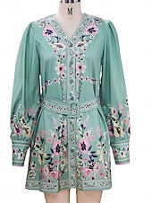 baratos Vestidos Florais Elegantes-Mulheres Minivestido Vestido casual Vestidos Boho Chic Vestido Boho Elegante Boêmia Estilo bonito Férias Diário Praia Ajuste Largo Gráfico Manga Longa Decote V Verde Claro Azul Céu Roxo Primavera