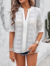 preiswerte Spitzenoberteile-Damen Hemd Bluse Feste Farbe Basic Brautkleider schlicht Halbe Ärmel Gekerbter Hals Normale Oberteile Täglich Bestickt Weiß Rosa Grün Sommer Frühling &amp; Herbst