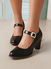 abordables Block Heels-escarpins Mary Jane roses classiques pour femmes - bout rond, bride à la cheville, talon moyen, tenue de travail de bureau