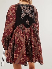 billiga Casual blommiga klänningar-Dam Mini klänning Vardagsklänning Boho-klänning Etnisk Ledigt Semester Dagligen Normal Blommig Långärmad V-hals Vin Blå Grön Vår Höst