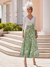 tanie Sukienki koktajlowe-Sukienka w kształcie litery &#039;A&#039; na plażowe wesele sukienka dla matki panny młodej elegancka vintage dekolt w kształcie litery V długość do kostek elastyczna tkanina rękaw ½ z haftem koronkowym
