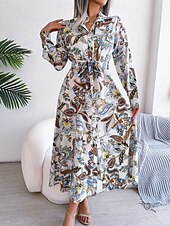 halpa Mekot-Naisten Maksimekko Rento mekko A linjainen mekko Boho-mekko Böömi Tyylikäs Vapaa-aika Loma Päivittäin Normaali Paisley-kuvio Pitkähihainen Paitapuserokaula-aukko Valkoinen Kuninkaallinen sininen
