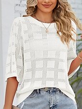 お買い得  単色-女性用 ニット カジュアル ソフト ピュアカラー リブ クルーネック ニット 七分袖 レギュラートップス ニット アウトドア 日常 週末 ホワイト ピンク 春 秋