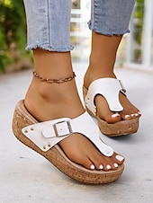 preiswerte Lässige Sandalen-Blaue Keilsandaletten für Damen mit Schnallenriemen und Nietendetails, bequeme Sommerschuhe für die Freizeit und den Strand