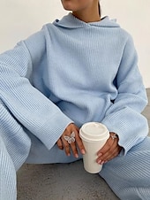 tanie Damskie dresy-Damskie Moda Moda miejska Codzienny Bluza z Kapturem Spodnie dresowe Długi rękaw Półgolf Równina Ściągana na sznurek Codzienny Czarny Biały Niebieski Jesień Regularny