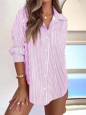 voordelige Vrouwen Werk Tops-Dames Overhemd Blouse Gestreept Casual Lange mouw Overhemdkraag Normale tops Dagelijks Knop Afdrukken Blozend Roze Marineblauw Zomer Lente