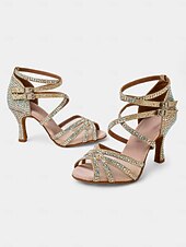 お買い得  ラテンダンスシューズ-クリスタルストラップ付き女性用メッシュラテンダンスシューズ - 社交ダンスやサルサに最適