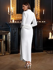 tanie Sukienki mamy-Suknia Blazer A-Linie Elegancka Suknia Wieczorowa Tuxedo Suknia Formalna Gościa Weselnego Do Ziemi Długie Rękawy Dekolt w Sercu Satyna z Kryształkami