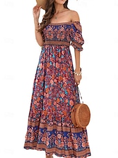 olcso Alkalmi virágos ruhák-Női Maxiruha hétköznapi ruha Boho elegáns ruhák Boho ruha Csehország aranyos stílus Stílusos Vakáció Napi Tengerpart Laza öltözet Grafika Rövid ujjú Aszimmetrikus Rubin Medence Lóhere Nyár Tavasz Ősz