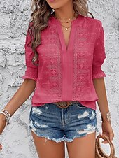 preiswerte Spitzenoberteile-Damen Hemd Bluse Feste Farbe Basic Brautkleider schlicht Halbe Ärmel Gekerbter Hals Normale Oberteile Täglich Bestickt Weiß Rosa Grün Sommer Frühling &amp; Herbst