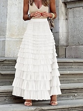 abordables Faldas de gasa-Mujer Falda Línea A Moda Casual Maxi Alta cintura Faldas Color sólido Volante Multi capa Calle Diario Blanco Fucsia Invierno Poliéster