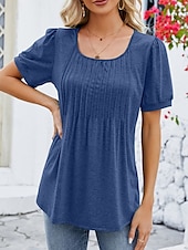 preiswerte Damen Einfache Oberteile-Damen Hemd Bluse Feste Farbe Basic Brautkleider schlicht Kurzarm Rundhalsausschnitt Normale Oberteile Täglich Rüschen Weiß Wein Marineblau Sommer Frühling