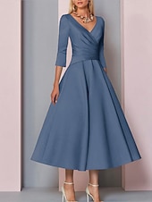 voordelige Vloerlengte-Strand Bruiloft A-Lijn Gouden Jurken Moeder van de Bruid Jurk Bruiloft Gast Elegante Vintage Plus Size V Hals Thee Lengte Satin 3/4 Lengte Mouw met Plissé dress to impress 2025 gratis op maat gemaakt