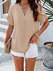 preiswerte Damen Arbeitsoberteile-Damen Hemd Bluse Feste Farbe Basic Brautkleider schlicht Kurzarm Gekerbter Hals Normale Oberteile Täglich Rüsche Rosa Blau Khaki Sommer