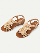 baratos Sandálias plataforma anabela-sandálias femininas estilo boêmio marrom com salto plataforma e detalhes florais - sandálias confortáveis de verão para praia e passeios casuais