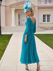 halpa Lattian pituus-A-linjainen mekko rannanhäät morsiammen äidin mekko elegantti V-pääntie teenpituinen pitkä sifonki 3/4-pituiset hihat pitsillä tason yksivärinen