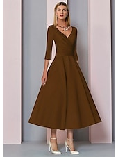 voordelige Vloerlengte-Strand Bruiloft A-Lijn Gouden Jurken Moeder van de Bruid Jurk Bruiloft Gast Elegante Vintage Plus Size V Hals Thee Lengte Satin 3/4 Lengte Mouw met Plissé dress to impress 2025 gratis op maat gemaakt