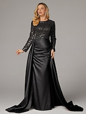 preiswerte Sekt-Meerjungfrau Abendkleid Elegantes Kleid Karneval Maskerade bodenlang langärmlig Illusions-Ausschnitt Champagner Brautmutter Kleid Satin mit Perlen Überrock